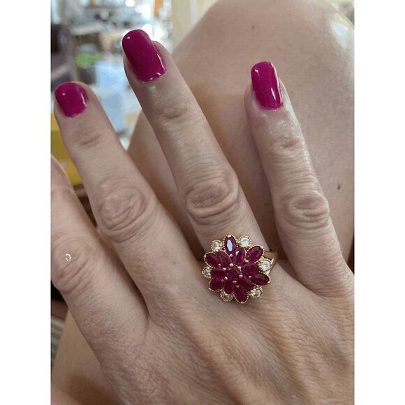 Ruby Rose Diamond Gold Flower Ring - Size 7 - Picture 7 of 8